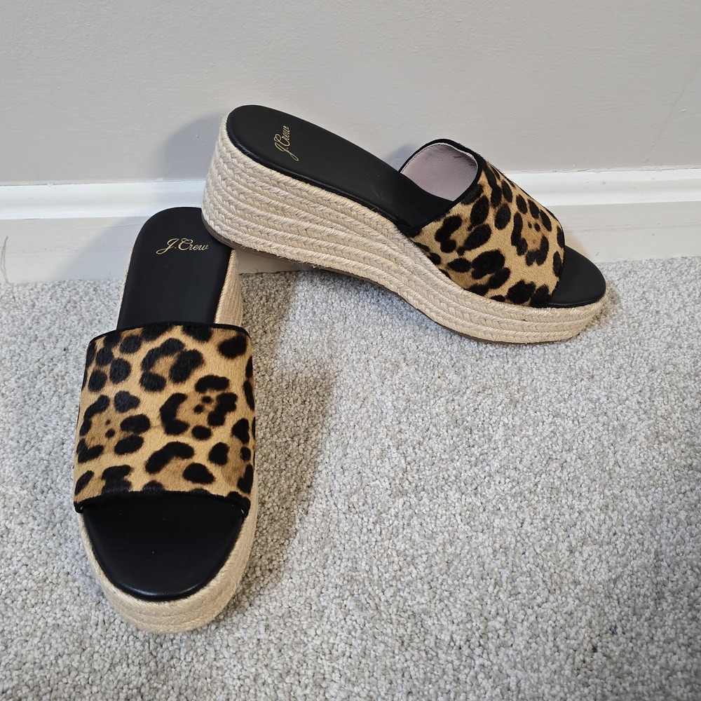 J.Crew Leopard Calf Hair Wedge Heel Espadrille Slide Sandals‎ Womens Sz 8 Beach